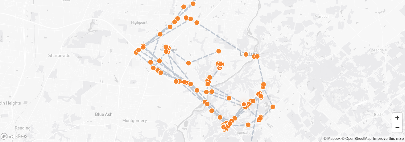 Example location history around Cincinnati, with orange location markers and dashed paths on a light street map
